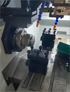 CNC lathe machining a metal part