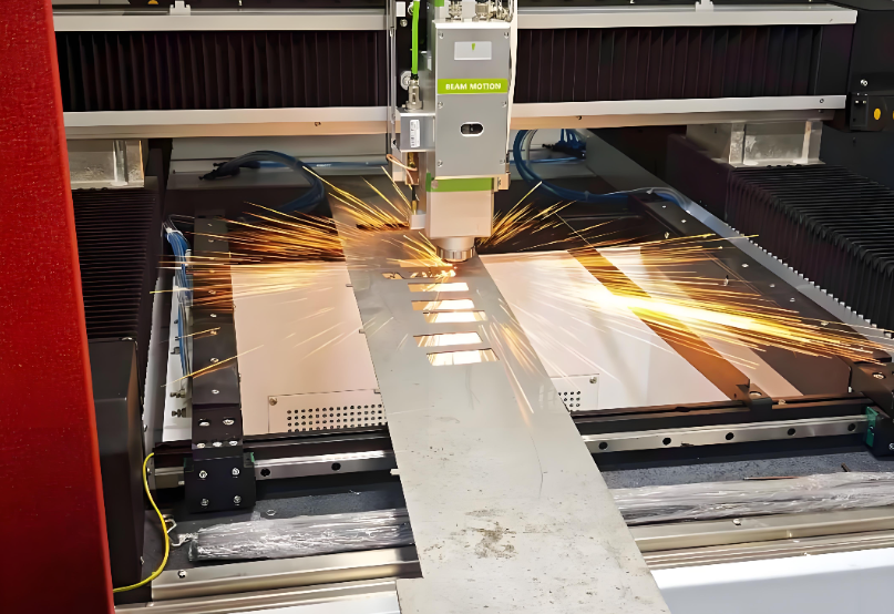 Precision laser cutting process for metal sheets, showing clean cuts on stainless steel and aluminum